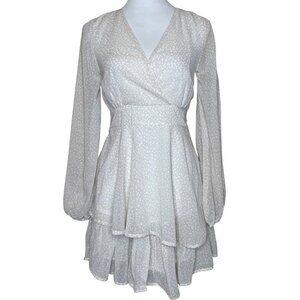 Japna Ivory White Animal Print Tiered Ruffle Mini Dress Long Sleeve Surplice S